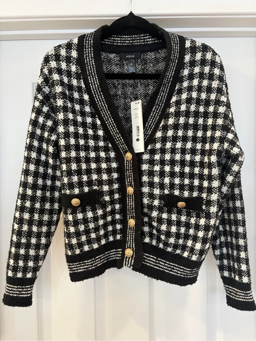Aqua Black & White Houndstooth V-Neck Cardigan with Gold Buttons
